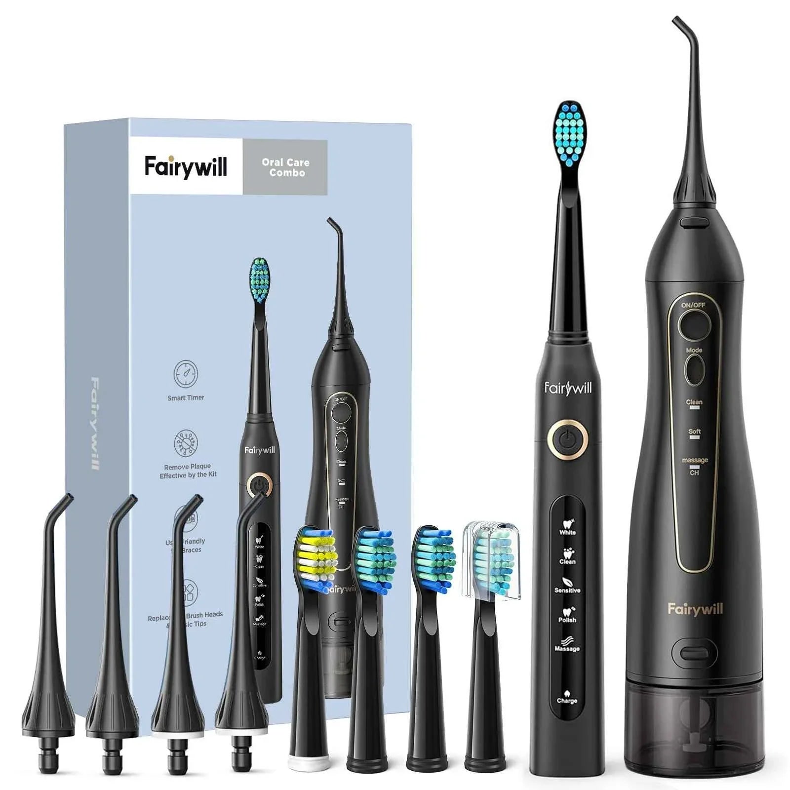 Fairywill FW5020E Water Dental Flosser & Sonic Electric Toothbrush Set - IPX7 Waterproof Portable Oral Care Kit