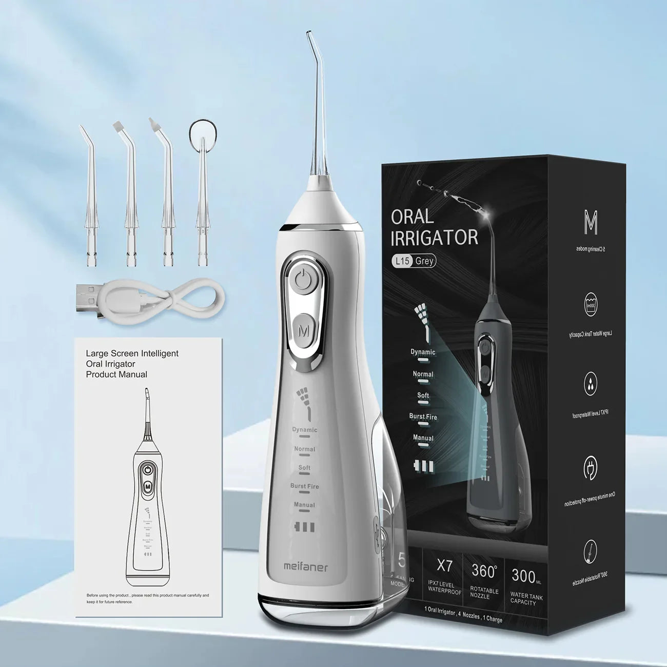 Oral Irrigator 40-140PSI Tooth Scaler 5 Speed Water Flosser Rechargeable Dental Water Jet 300ML IPX6 Waterproof Teeth Cleaner