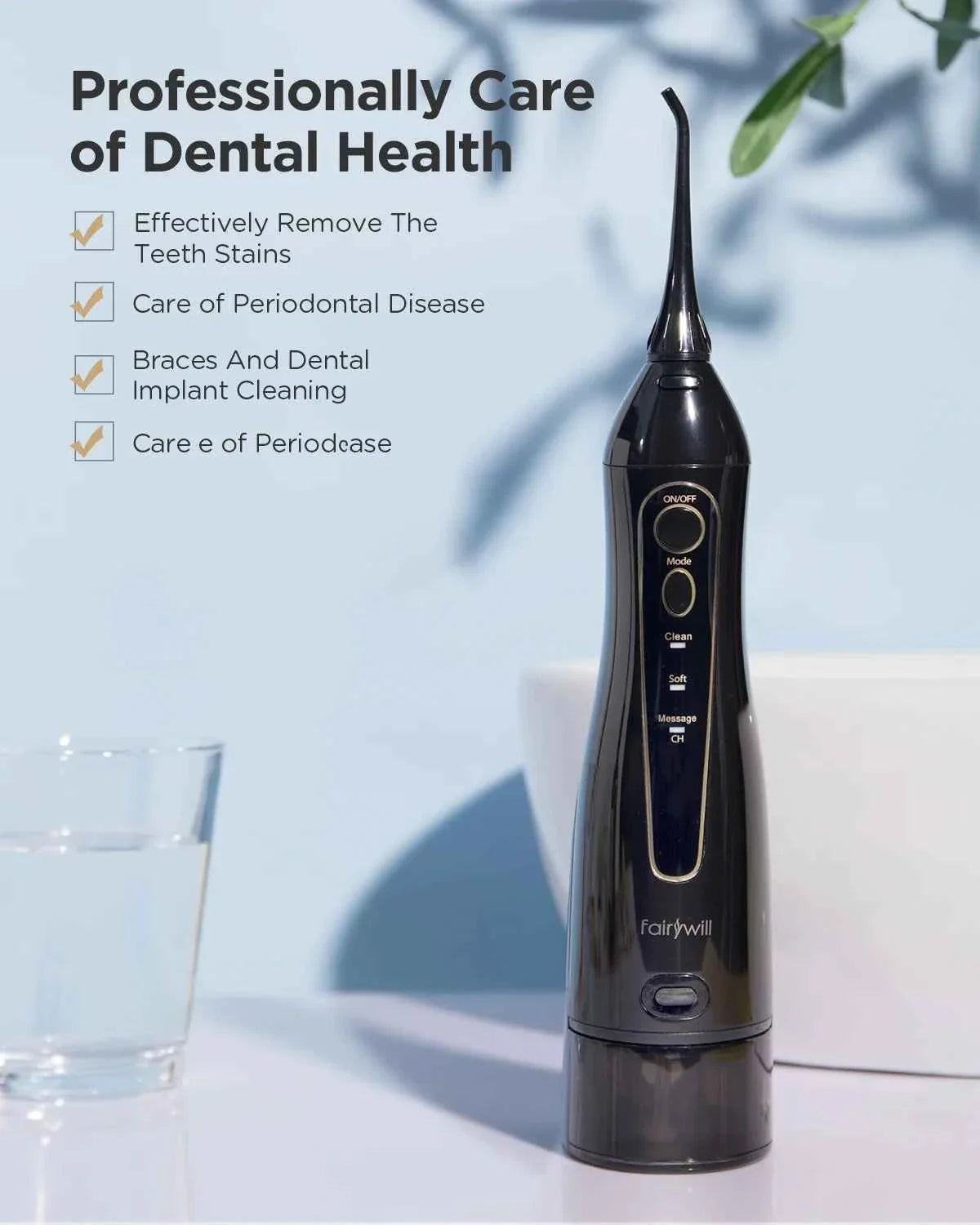 Fairywill Portable Oral Irrigator - 300ML Rechargeable Water Flosser with 3 Cleaning Modes