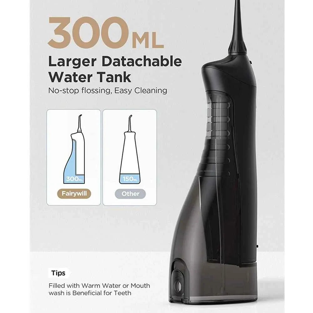 Fairywill Portable Oral Irrigator - 300ML Rechargeable Water Flosser with 3 Cleaning Modes
