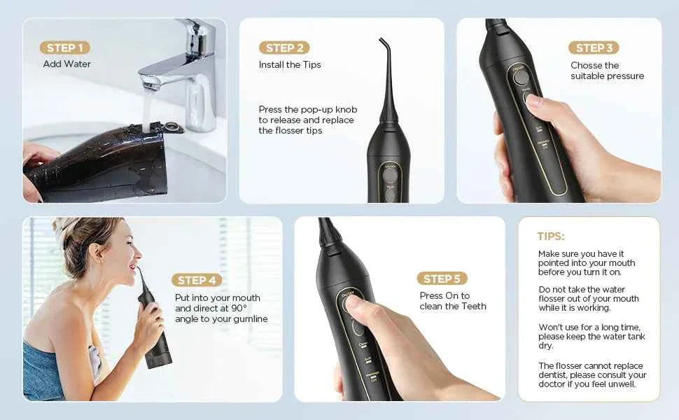 Fairywill Portable Oral Irrigator - 300ML Rechargeable Water Flosser with 3 Cleaning Modes